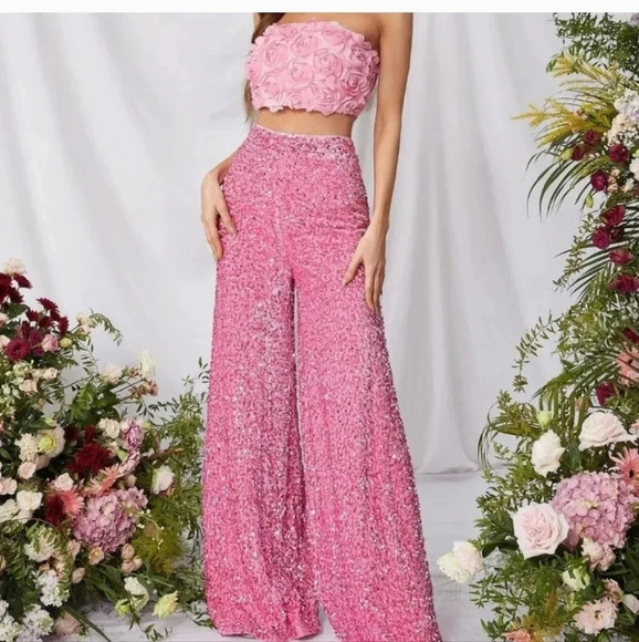 Pink Womens Tube Top & sequin Pants Set - Picture 1 of 6